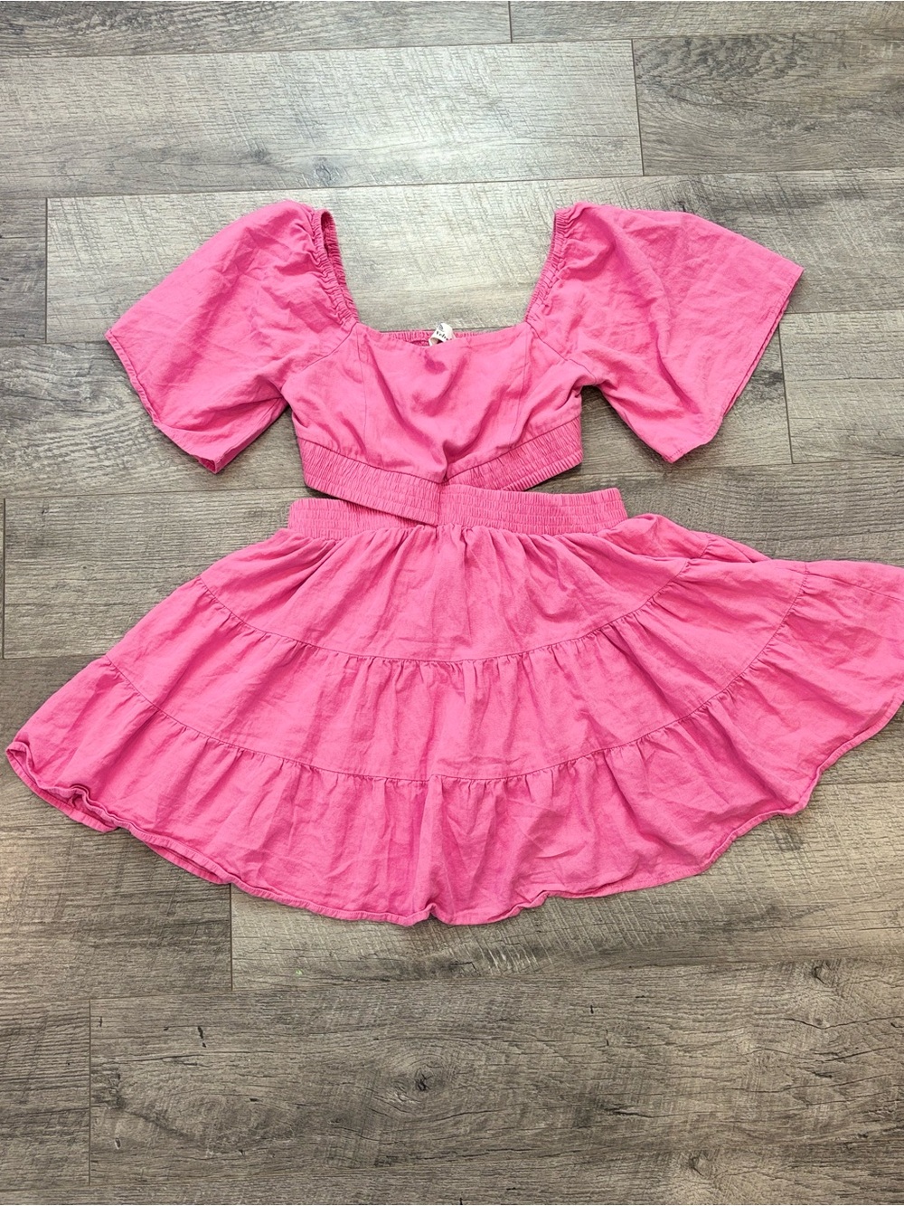 Shy Velvet Cut Out Waist Smocked Mini Spring Dress Barbie Pink Flutter Sleeves S